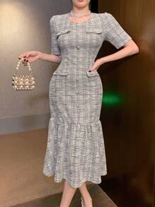 DAZY 格子圆领鱼尾中长连衣裙 舞会礼服 优雅、荷叶边、返校服 - 黑色 - 查看 7