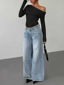 Siren Gaze Autumn Solid Color Asymmetrical Neck Lace Splicing Cowl Collar Long-Sleeved Women's T-Shirt Lace Long-Sleeved T-Shirt For Women Casual Holiday Women New Years Y2k Top Winter Black Spring - Black - View 3