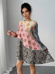 Chiquease Women's Contrast Color Block Printed Bell Sleeve Short Dress