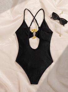 SHEIN 女士性感紧身不对称金属装饰细肩带连体泳衣，露背高开叉设计，适合海滩、夏季度假、派对和郊游 - 黑色 - 查看 5