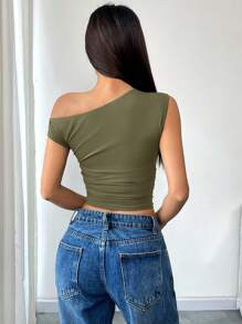 SHEIN EZwear Fashionable Casual Solid Color Asymmetric Neck Ruched Fitted Blouse - Army Green - View 2