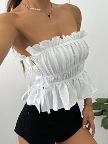 Flirla 休闲/通勤/度假侧蝴蝶结系带褶皱荷叶边抹胸，适合春夏季 - 白色 - 查看 1