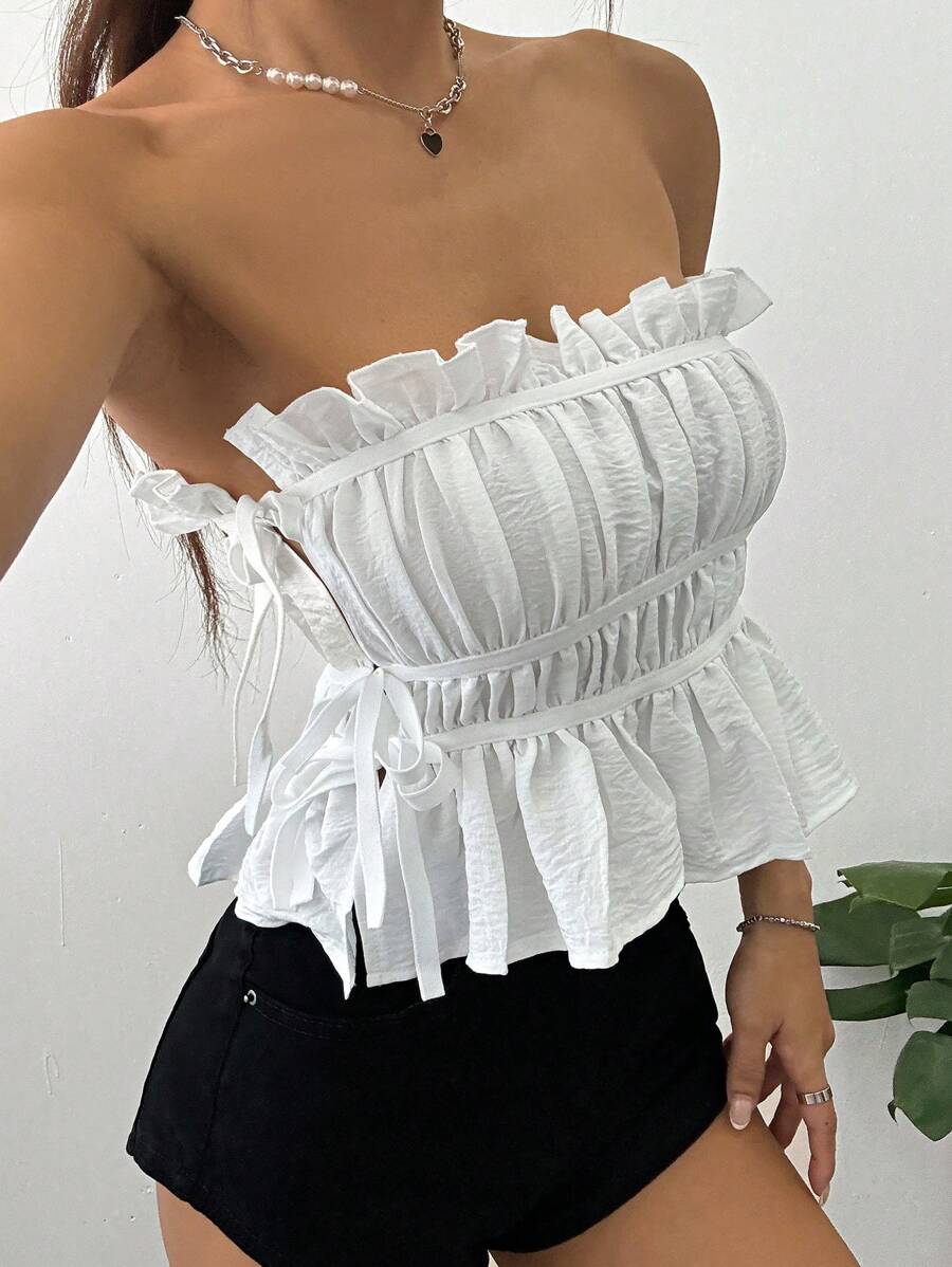 Flirla 休闲/通勤/度假侧蝴蝶结系带褶皱荷叶边抹胸，适合春夏季 - 白色 - 查看 1
