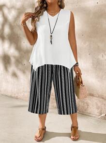 Breezaya 2 Pieces Set: Solid Color Tank Top And Striped Print Pants, Plus Size, Spring Break - Multicolor - View 1