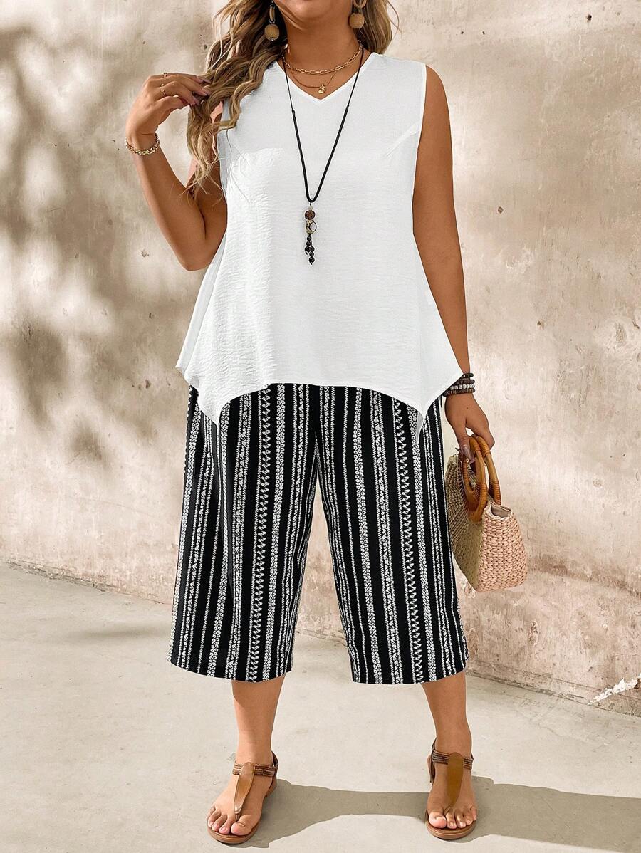 Breezaya 2 Pieces Set: Solid Color Tank Top And Striped Print Pants, Plus Size, Spring Break - Multicolor - View 1