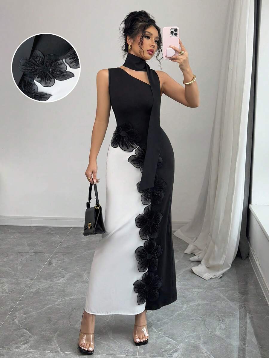 Elenzga Contrast Color Block Sequined Floral Decor Asymmetric Neck Long Dress - Black - View 1