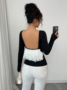 Selianne 露背3D花朵装饰T恤，简约休闲风格适合日常穿着 - 黑色 - 查看 2