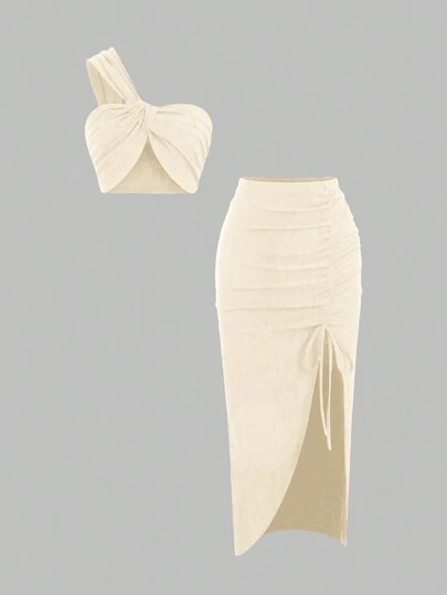 Sweetra 2pcs Set: Asymmetric Neck Tie-Up Crop Top And Pleated Slit Skirt