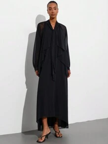 Aveloria Modichic Ladies' Spring Elegant Ruffle Collar Tie-Neck 2 In 1 Chiffon Long Sleeve Dress - Black - View 4