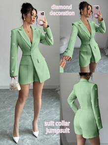 Elenzga Glamine 优雅粉色针织长袖修身连体裤女款，袖子上有钻石装饰，适合秋冬季，适合工作、日常约会和聚会 - 綠色 - 查看 7