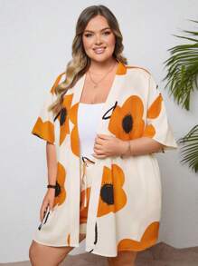 SHEIN CURVE+ 2pcs/Set Plus Size Women Floral Print Kimono Blouse With Tie Waist And Shorts Set Boho Vacation