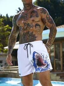 Surfspeed Men's Shark Print Drawstring Waist Beach Shorts Men Swim Trunks - Multicolor - View 6