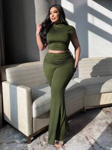 Flirla Plus Size Casual Solid Color Stand Collar Crop Top And Flared Pants 2 Pieces Set - Army Green - View 6