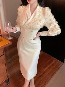 DAZY Cream Autumn Elegent Party Elegant Textured Patchwork Lapel Mid-Calf Dress For Women,Suitable For Spring,Dates,Night Out Prom Long Sleeve Maxi Dress - White - View 3