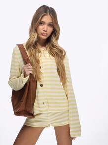 MISSGUIDED Cozy Striped Knit Co-Ord Set Button-Front Cardigan With Matching Shorts Ribbed Texture Two-Piece Loungewear Set Spring Summer Casual Set - Multicolor - View 4