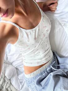 SHEIN EZwear Top de tirantes de mujer con estampado floral ditsy de arándano, con protección UV y termorregulación para el verano