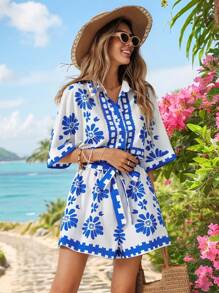 SHEIN VCAY Mono informal de mujer con cuello y manga corta con estampado, corte holgado para vacaciones y resort
