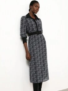 Aveloria Modichic Elegantes französischer Stil Pendelkleid, Kragen Knopfleiste, schwarzer Kontrastbesatz, Gürtel, geometrischer Chiffon-Muster, Langarm Kleid - Verschiedenfarbig - Übersicht 1