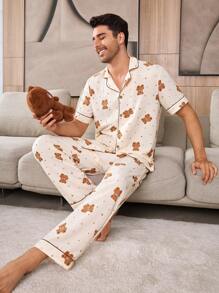 Cartoon Bear Print Men's Sleepwear Set - Apricot - View 2