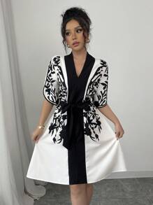 Calvaya V-Neck Short Sleeve Black And White Color Block Print Cinched Waist Waist Crop Spring/Summer Apricot Dress For Women