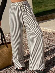 DAZY Women Striped Drawstring Wide Leg Maxi Pants Vacation Outfits Women - Apricot - View 8