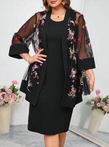 Reflora 2pcs/Set Plus Size Elegant Party Mesh Embroidered Coat And Bodycon Dress , Holiday Outfits - Multicolor - View 1