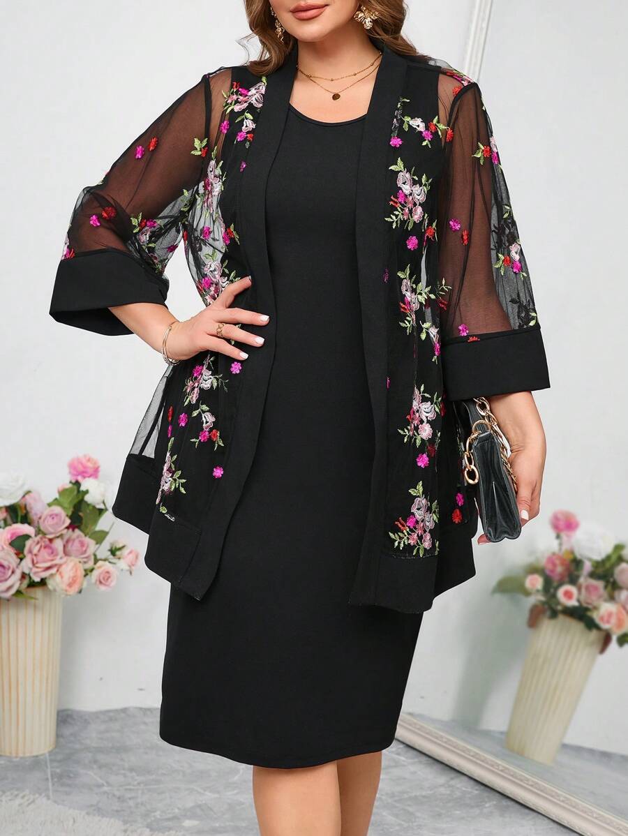 Reflora 2pcs/Set Plus Size Elegant Party Mesh Embroidered Coat And Bodycon Dress , Holiday Outfits - Multicolor - View 1
