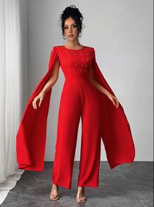SHEIN Clasi Mono elegante para fiesta de mujer con capa decorada con cuentas - Rojo - Ver 6