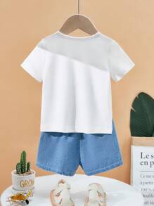 SHEIN Conjunto de 2 piezas para niños pequeños con parte superior de manga corta con estampado de conejo y excavadora y pantalones vaqueros de mezclilla, adecuado para actividades al aire libre, vacaciones de Pascua, sesión de fotos, primavera/verano - Blanco - Ver 7