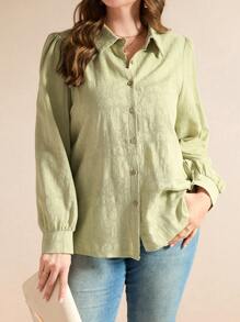 SHEIN LUNE 女士休闲亚麻编织纹理修身长袖衬衫，加大码，春季 - 軍綠色 - 查看 4
