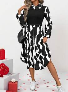 SHEIN LUNE Valentine's Day Printed Color Block Black & White Button Down Midi Dress For Women - Black and White - View 4