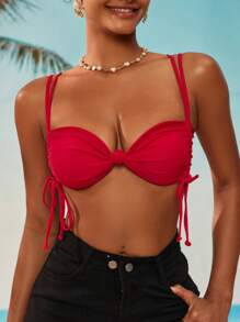 SHEIN Swim Women's Solid Color Twist Design Sexy Bikini Top For Summer Beach - Red - View 3