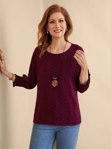 EMERY ROSE Women's Casual Solid Color Jacquard Bat Wing Shirt, Spring/Summer - Burgundy - View 4