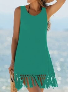 Swim Vcay Vestido de playa para mujer, de unicolor, cuello redondo, sin mangas, con flecos en el dobladillo, casual y como cubridor para el verano