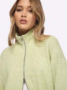 MISSGUIDED Cozy Ribbed Zip-Up Cardigan Sweater Stand Collar Balloon Sleeve Lightweight Spring Fall Casual Daily Wear Fashion Outerwear - Mint Green - View 3
