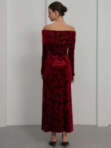 GENKIRA Vestido de fiesta con estilo romántico italiano para mujeres, vestido de terciopelo con manga larga con abertura en los hombros y diseño de jacquard con mariposa en la cintura - Multicolor - Ver 4