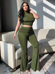 Flirla Plus Size Casual Solid Color Stand Collar Crop Top And Flared Pants 2 Pieces Set - Army Green - View 5