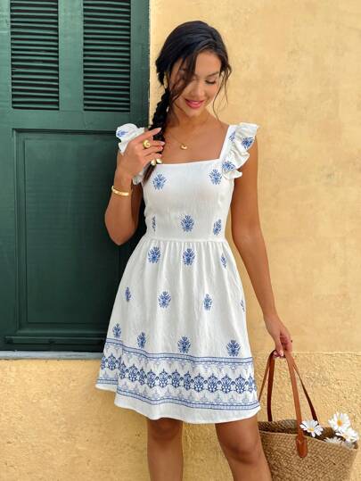 Chiquease Plus Size Women's Ruffle Embroidered Bowknot Strap Mini Dress