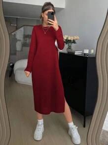 SHEIN Essnce Casual Solid Color Side Slit Oversized Drop Shoulder Dress - Burgundy - View 5