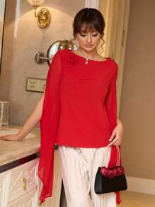 Elenzga 红色高领 3D 花卉装饰透明喇叭袖衬衫