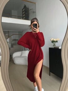 SHEIN Essnce Casual Solid Color Side Slit Oversized Drop Shoulder Dress - Burgundy - View 1