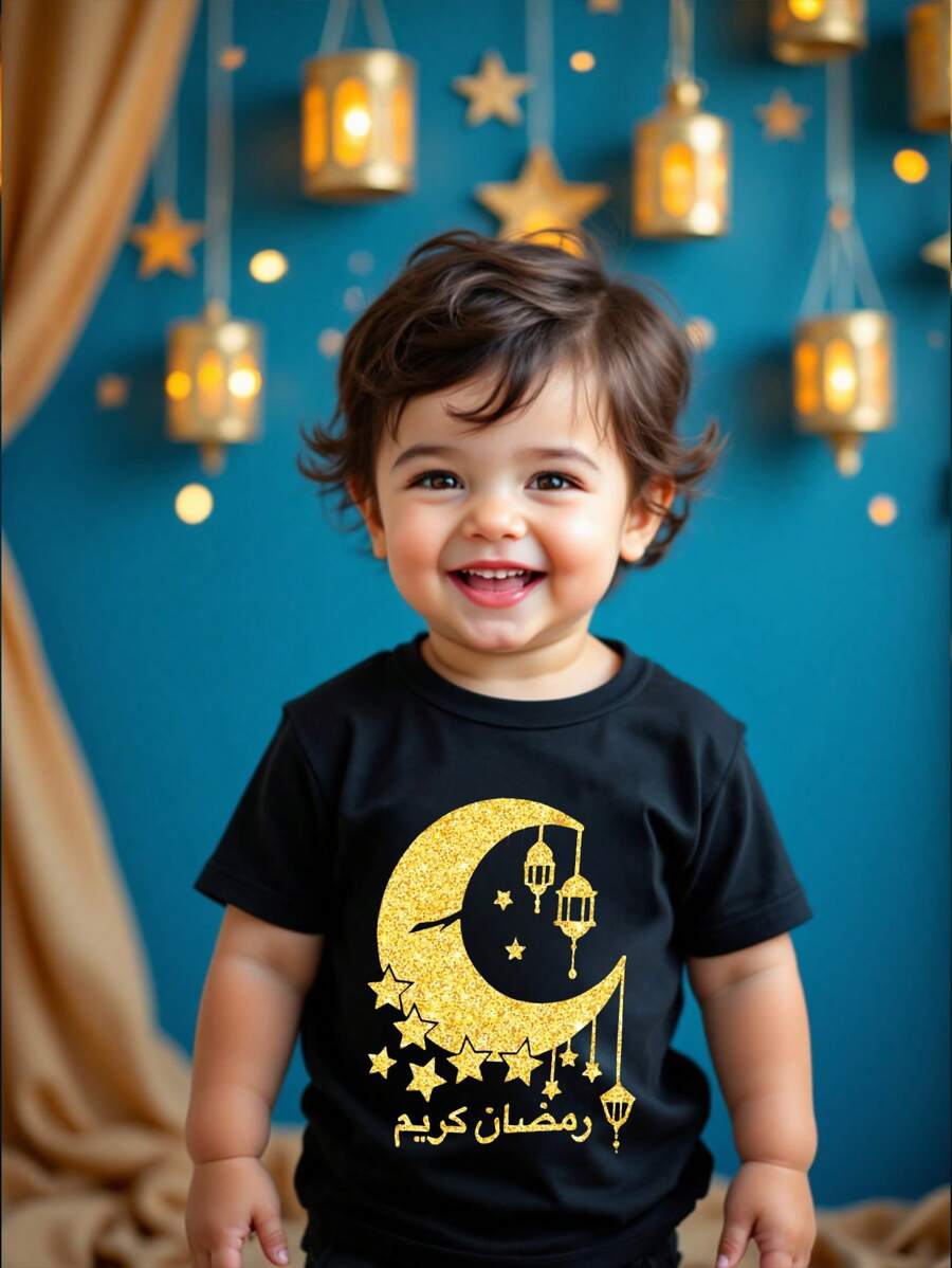 Baby Boy Fashion Gold Moon & Light Letter Print Simple Short Sleeve T-Shirt, Suitable For Ramadan Season Spring/Summer - Black - View 1
