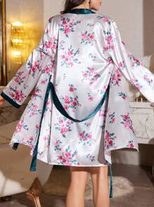 Set Of Deep V Satin Lace Cami Nightgown And Flower Print Bathrobe - Multicolor - View 2