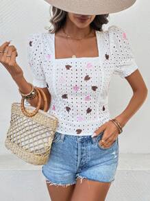 SHEIN LUNE 情人节度假心形刺绣泡泡袖系带衬衫