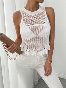 Breezaya Women's Solid Color Sleeveless Sheer Hollow-Out Knit Top - White - View 5