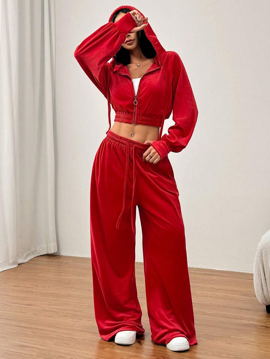 SHEIN EZwear Bộ 2 món áo hoodie và quần dài màu trơn cho nữ - Đỏ - Xem 1
