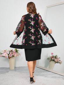 Reflora 2pcs/Set Plus Size Elegant Party Mesh Embroidered Coat And Bodycon Dress , Holiday Outfits - Multicolor - View 2