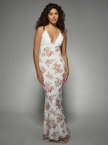 MISSGUIDED Floral Lace Trim Bodycon Maxi Dress With V-Neck And Spaghetti Straps Perfect For Wedding Guest Spring Summer Evening Party Formal Events
