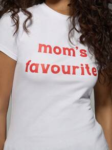 MISSGUIDED Moms Favourite Baby Tee Casual Slogan T-Shirt Short Sleeve Crew Neck Cotton Blend Summer Casual Statement Graphic Tee Streetwear Basic Daily Wear - White - View 3