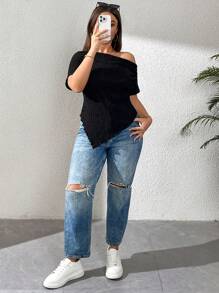 SHEIN Essnce 大码女式春夏时尚休闲舒适日常黑色纹理面料露肩修身短袖 T 恤，适合夏季女士、狂欢、曲线上衣、工作上衣、演唱会女式上衣 - 黑色 - 查看 4